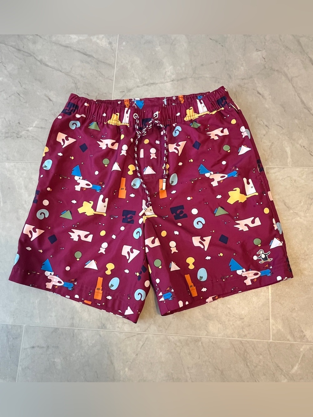 Penguin Men’s Burgundy Athletic Swim Shorts with Playful Geometric Print size M